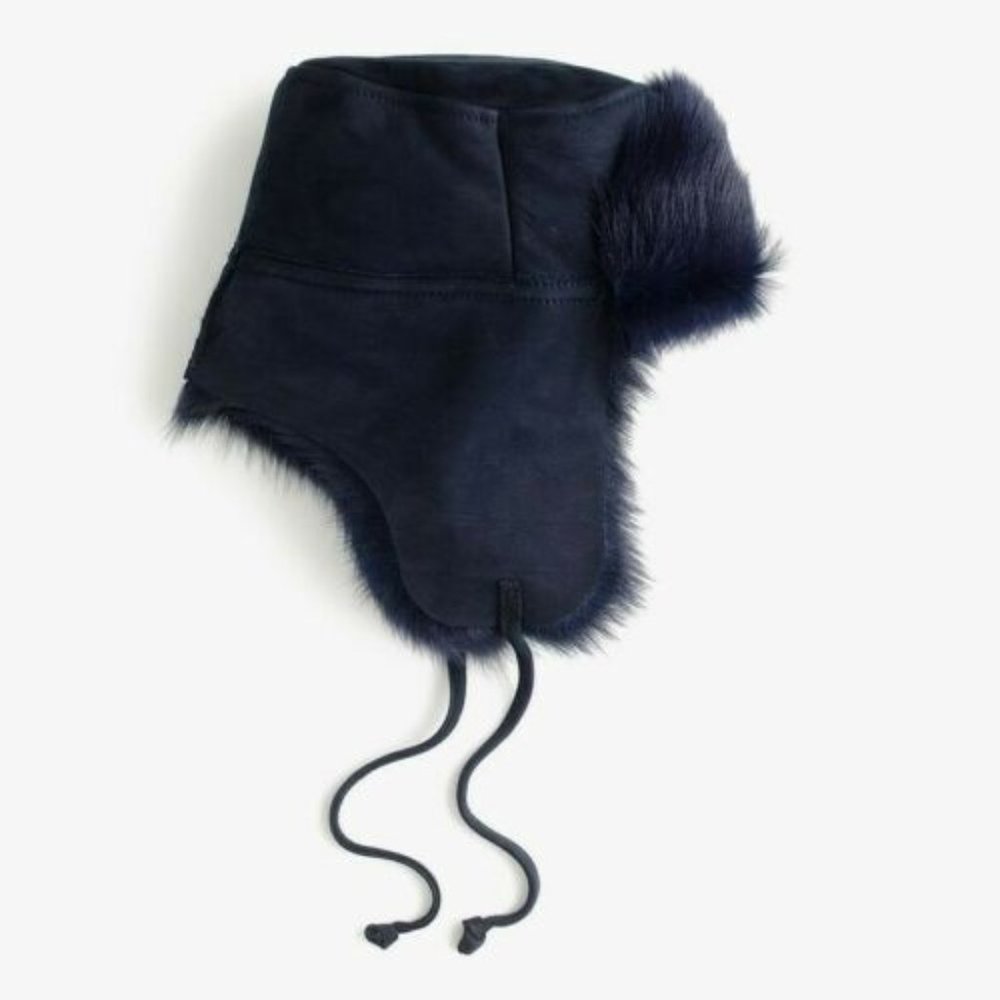 NEW - J CREW SHEARLING TRAPPER HAT - NAVY BLUE M/L